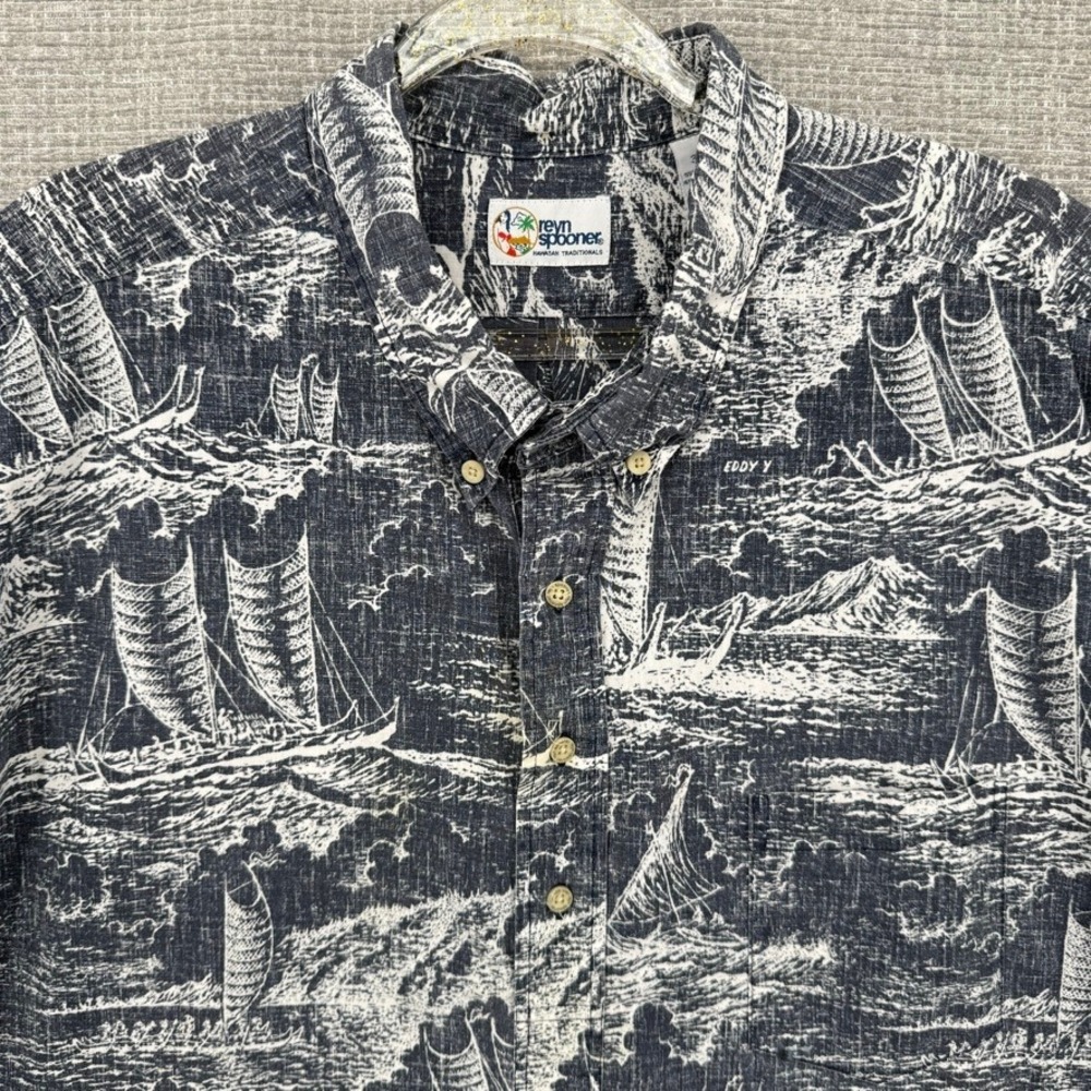 Vtg Y2K Reyn Spooner Sz 3XL Hawaiian Popover Blue Canoe Tribal Ocean Surf Eddy‎